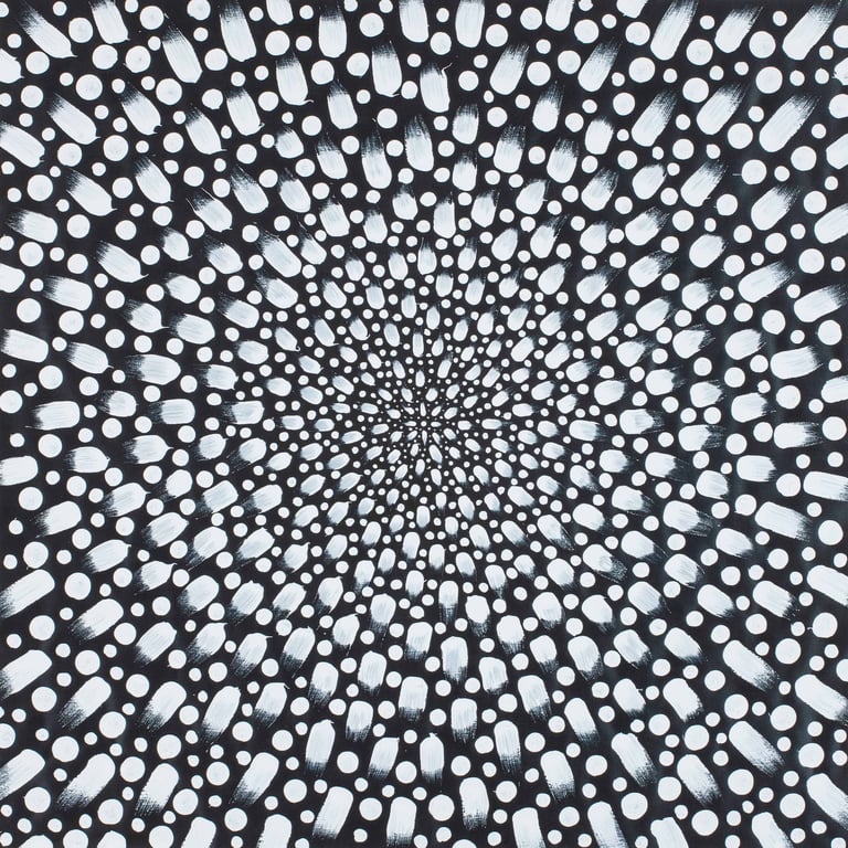 Black and white concentric pattern radiating vibration and spiritual energy by Adib Haddad