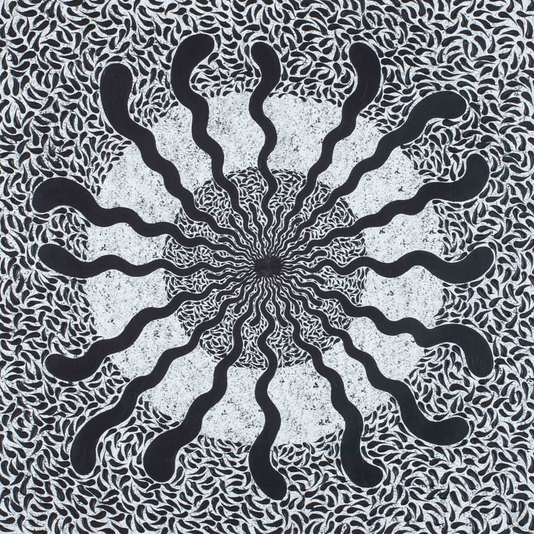 Flame-like white spirals in black creating concentric sacred illusion