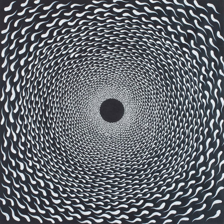 Radiating spiral circles with centered spiritual core in black and white by Adib Haddad