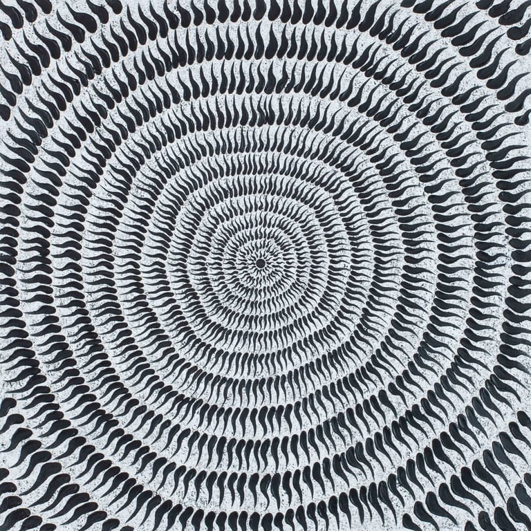 Monochrome glowing center with rippled mosaic sperm brushwork by Adib Haddad