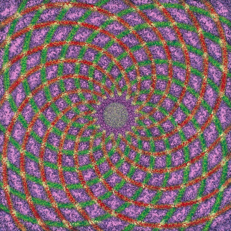 Chromatic spiral radiating from golden spiritual core with mosaic flow