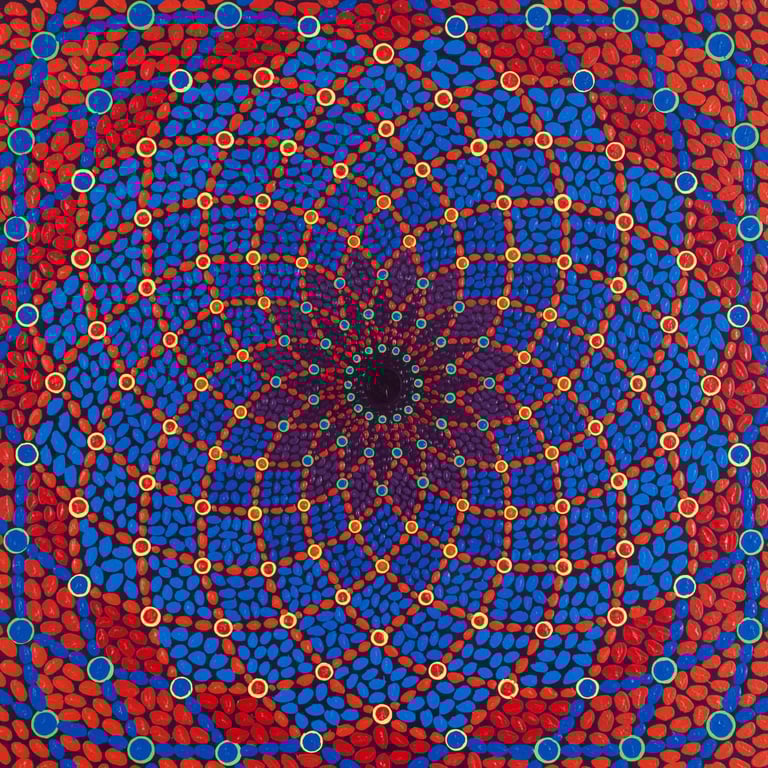 Blue and red mosaic spiral radiating divine energy and spiritual vibration