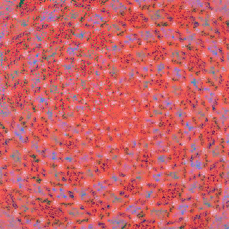 Red spiral mosaic in floral bloom with radiating harmonic geometry