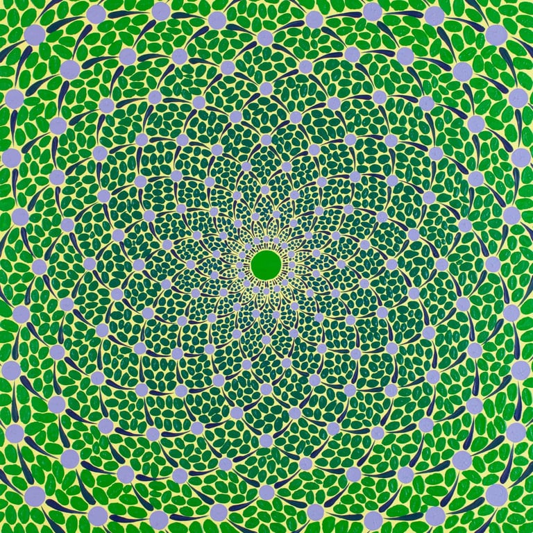 Green and yellow spiral radiating harmonic geometry and vibrational harmony