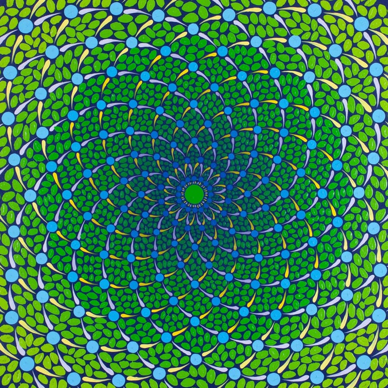 Green spiral mosaic converging on vibrant spiritual center by Adib Haddad