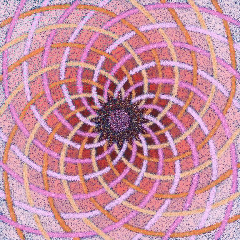 Red spiral mosaic with spiritual vibration, from light edges to dark core