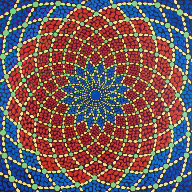 Blue, red, yellow spiral flowing inward with sacred geometry by Adib Haddad