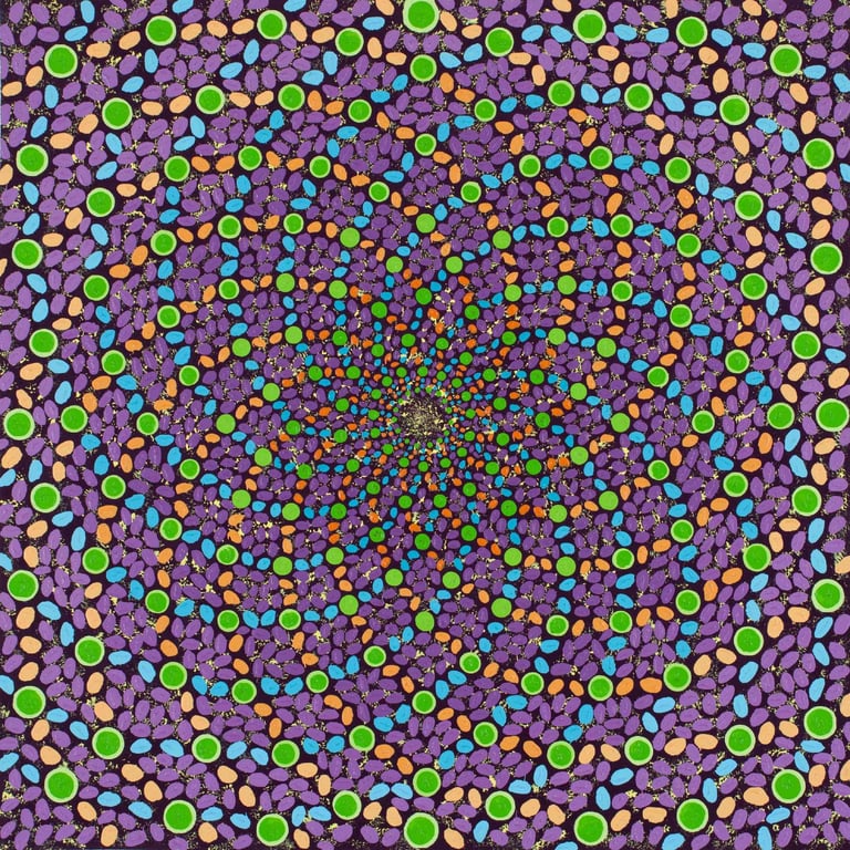 Violet spiral mosaic flowing to black meditative center by Adib Haddad
