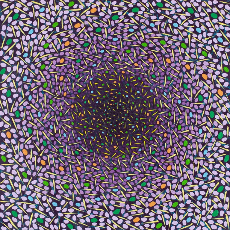 Purple and yellow swirling stripes converging inward in divine harmony by Adib Haddad
