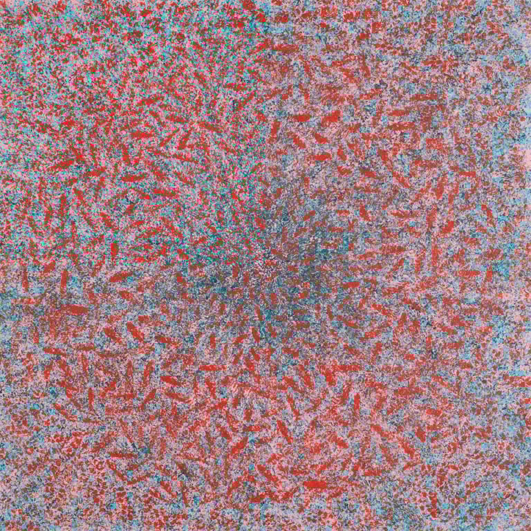 Red concentric mosaic brush strokes radiating spiritual vibration and energy