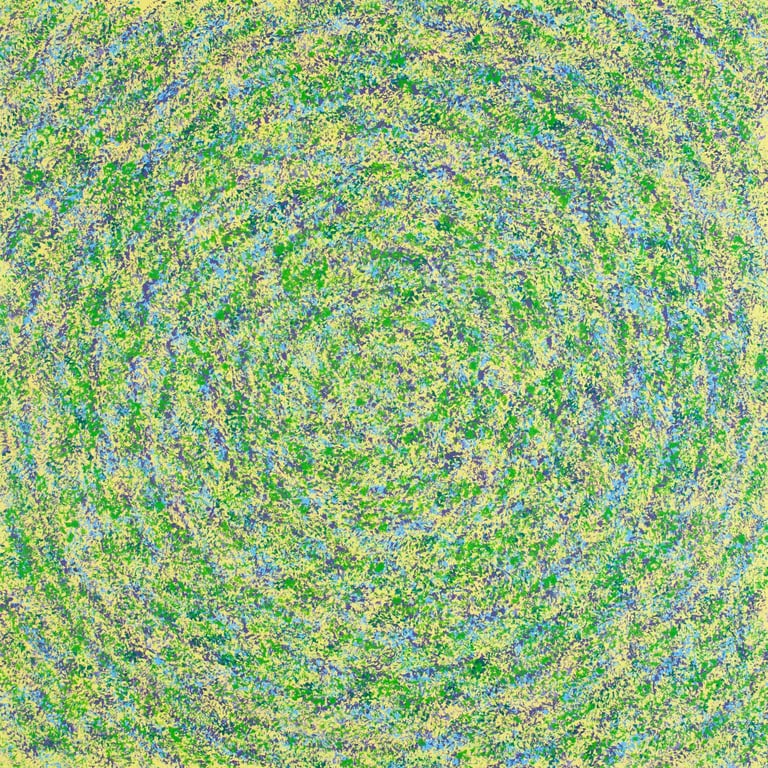 Yellow and green mosaic pattern channeling sacred motion, acrylic by Adib Haddad