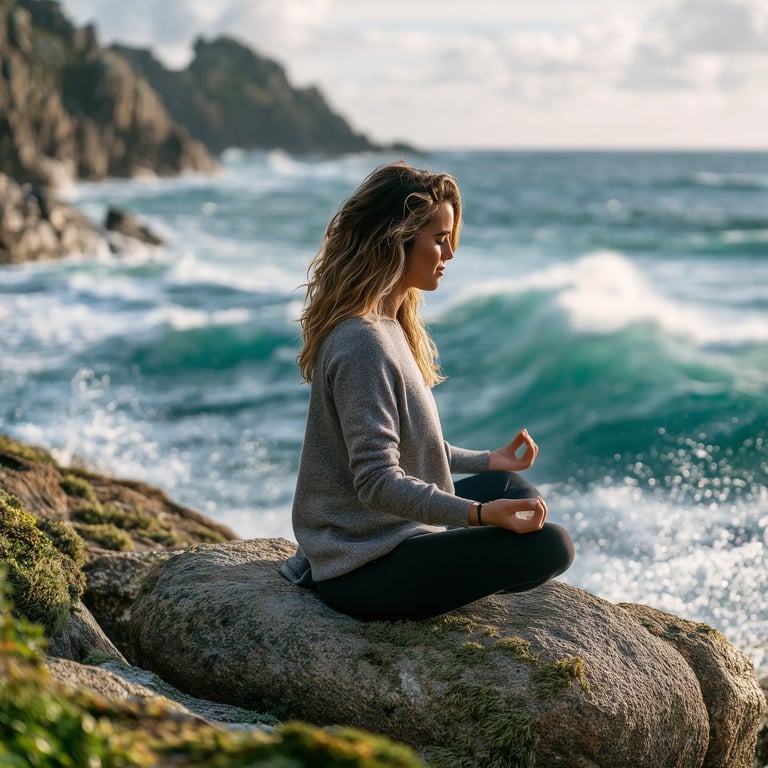 woman in a grey sweater sits in meditation on a moss-covered granite boulder, doing self-reiki