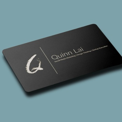 Black NFC card with Quinn Lai design and a logo