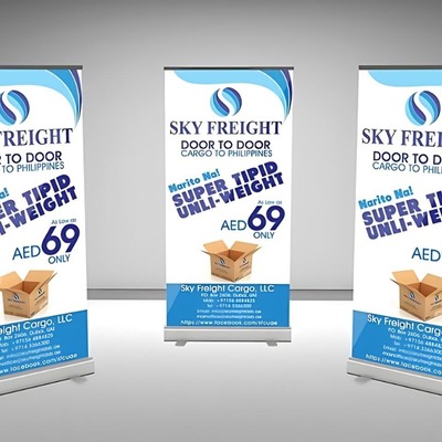 Sky Freight pull-up banners promoting cargo shipping services to the Philippines with pricing detail