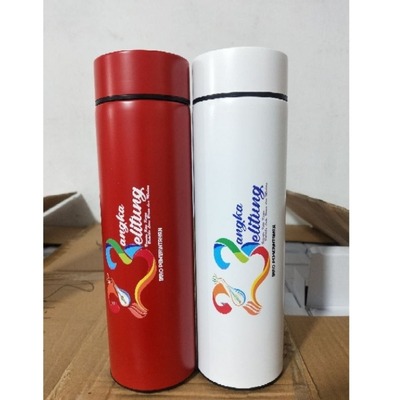 Red and white customized tumblers with colorful logo designs.