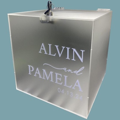 Frosted Acrylic Wedding Box with the name of alvin and pamela