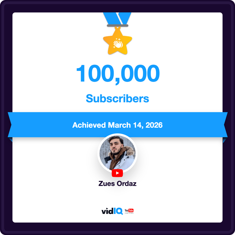 Zues Ordaz celebrates reaching 100,000 YouTube subscribers on this vidIQ milestone certificate.
