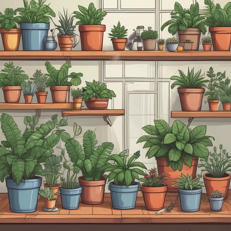 A vibrant flower shop is filled with diverse plant arrangements and hanging lights. Potted plants and flowers in shades of white, pink, and green are beautifully displayed on tables. Illuminated signs and fairy lights add to the cozy atmosphere, while large bulbs hang from the ceiling. The shop's open sign indicates it's ready for customers.