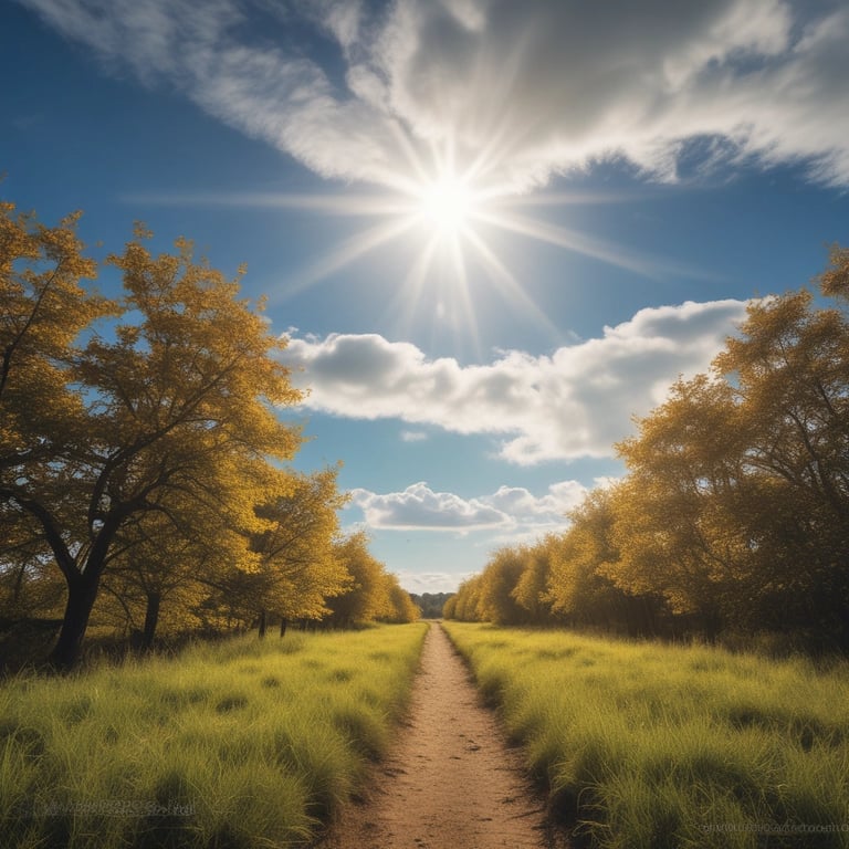 a dirt road with a sun shining through the clouds