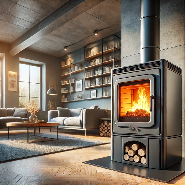 poêle à granulé installé dans un salon