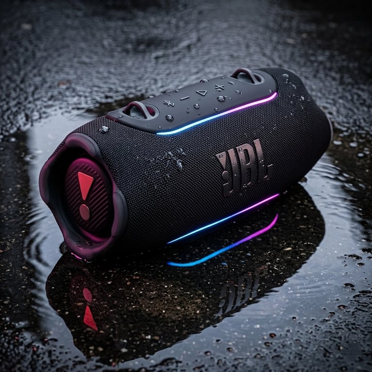 Enceinte JBL Xtreme 5 noire sous la pluie avec liserés LED et reflets