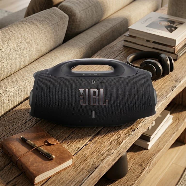 Enceinte portable JBL Boombox 4 noire dans un décor de salon moderne et épuré