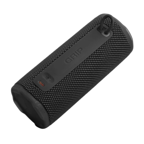 vue de l'arrière de l'enceinte JBL Grip Noir, prise USB-C, dragonne, bouton led