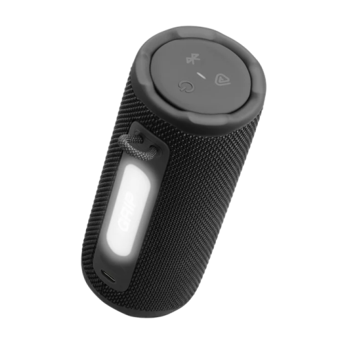 Enceinte JBL Grip Noir vue inclinée et dessus, boutons, led ON, port USB-C
