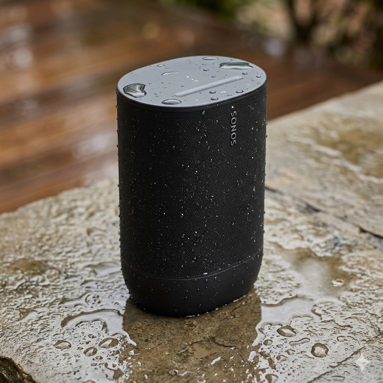 L'enceinte Sonos Move 2 posée sur un muret sous la pluie IP56