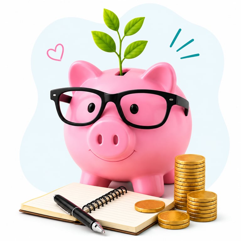 The Simple Budget piggy bank mascot with notebook and coins for practical money skills.