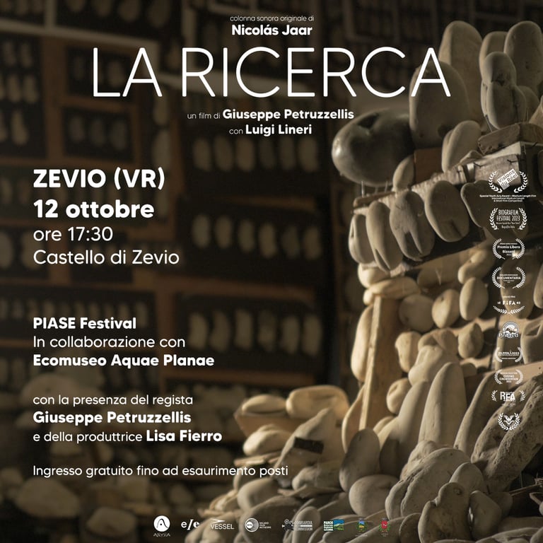 Cartolina di annuncio della proiezione del film documentario La Ricerca a Zevio, il 12 ottobre 2024 alle 17:30, in occasione