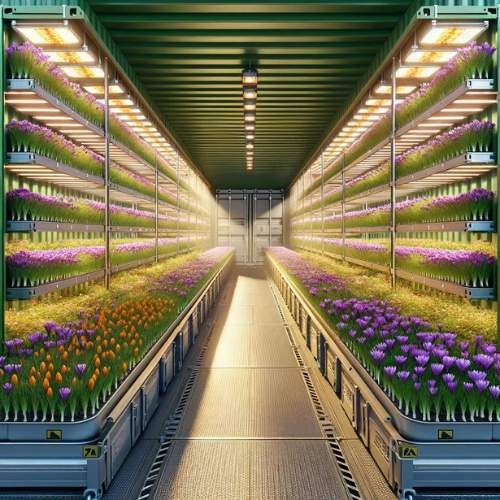 Inside of a container farm with flowers
