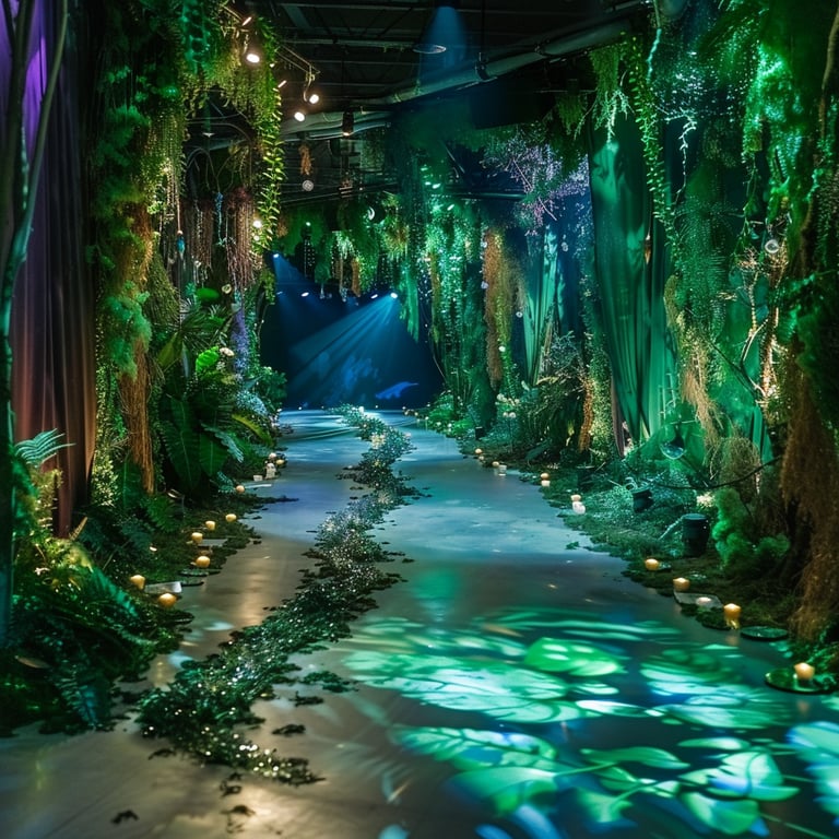 a forestry pathway design with a path way through a tunnel with lights