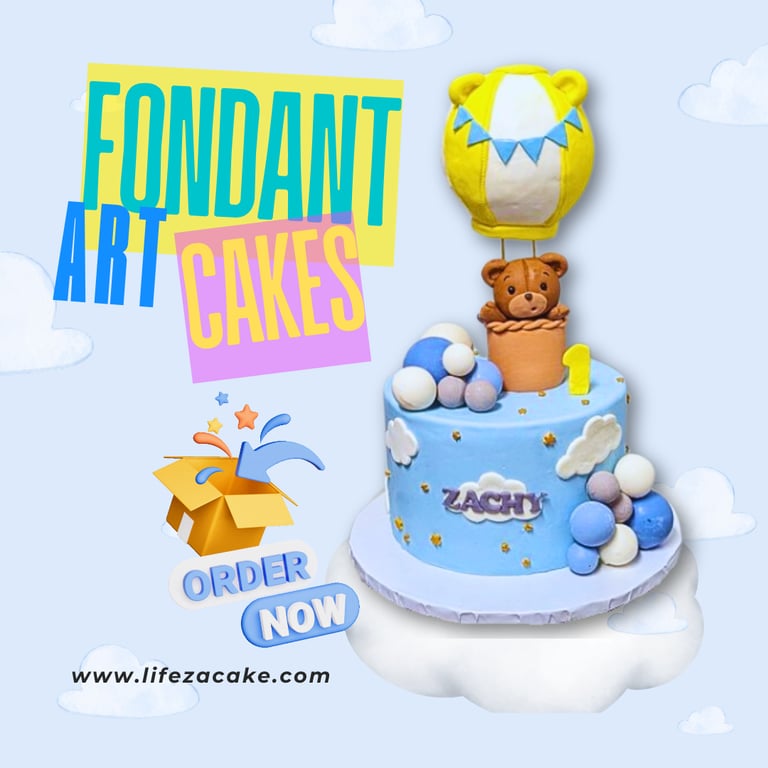 a cake with a bear and a balloon