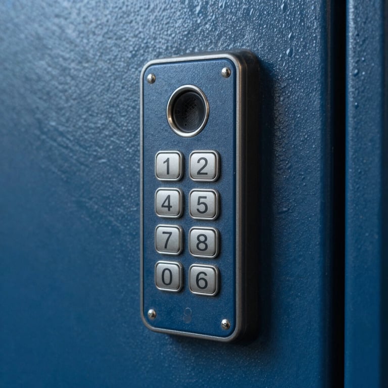 Close-up of a high-security biometric keypad on a heavy metal door in deep blue tones.