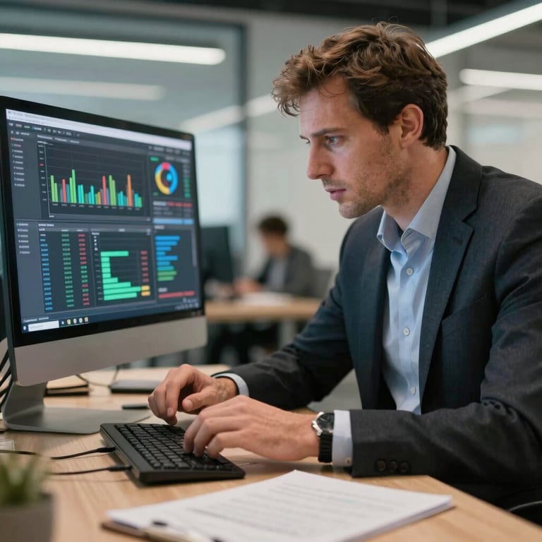 A professional European consultant in a suit analyzing digital data in a modern office.