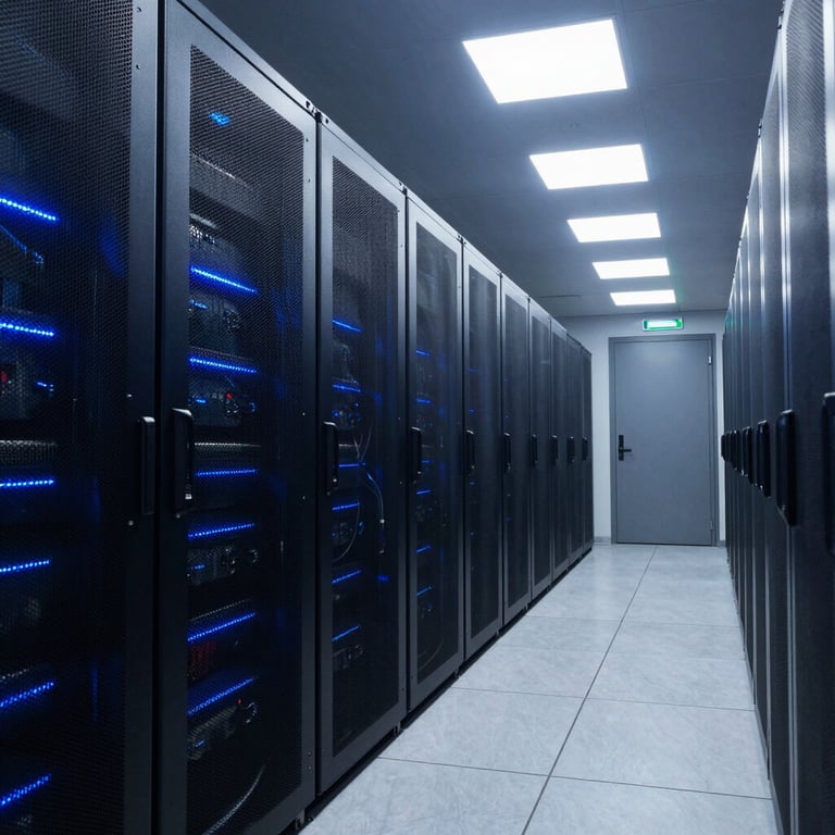 A secure data center hallway in France with dark blue led lighting and metallic finishes.