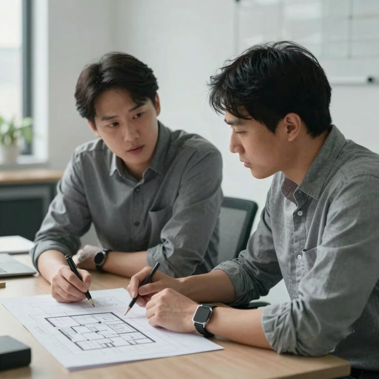 Two professionals in an office setting discussing architectural plans for digital systems in soft light gray tones.