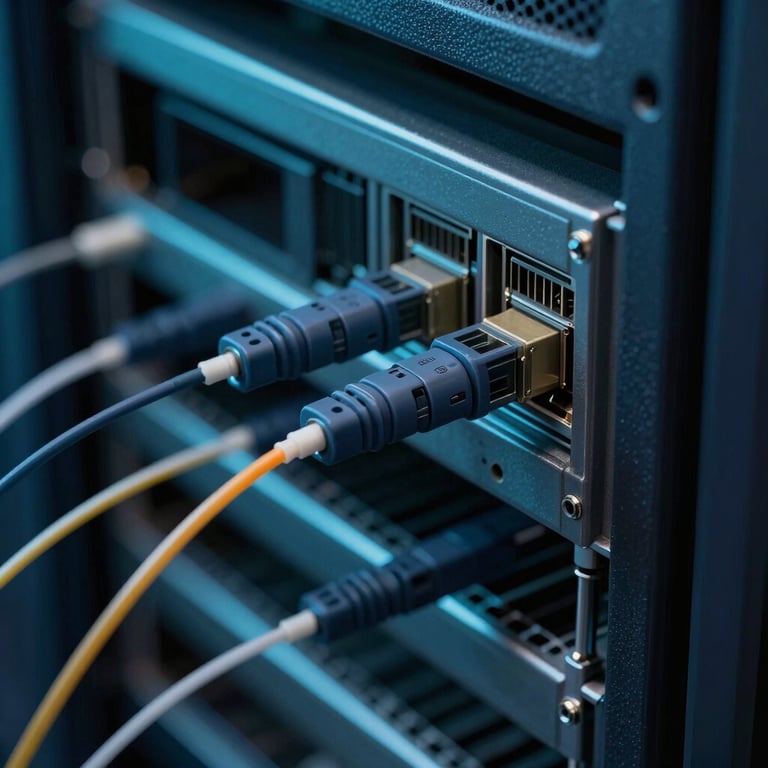 Detailed shot of an optical fiber connection in a server rack with teal and dark blue lighting.