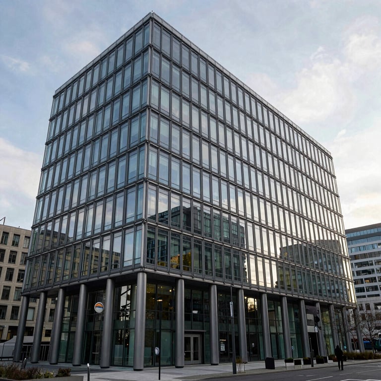 Exterior of a modern glass and steel corporate headquarters in a European business district.
