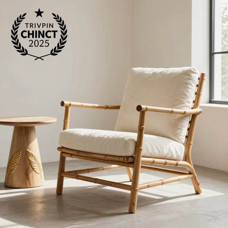 A high-end interior shot of a minimalist living space featuring a handcrafted lounge chair made of bamboo and soft ivory textiles. Subtle leaf-inspired gold decorations adorn the nearby table. Natural light floods the room.