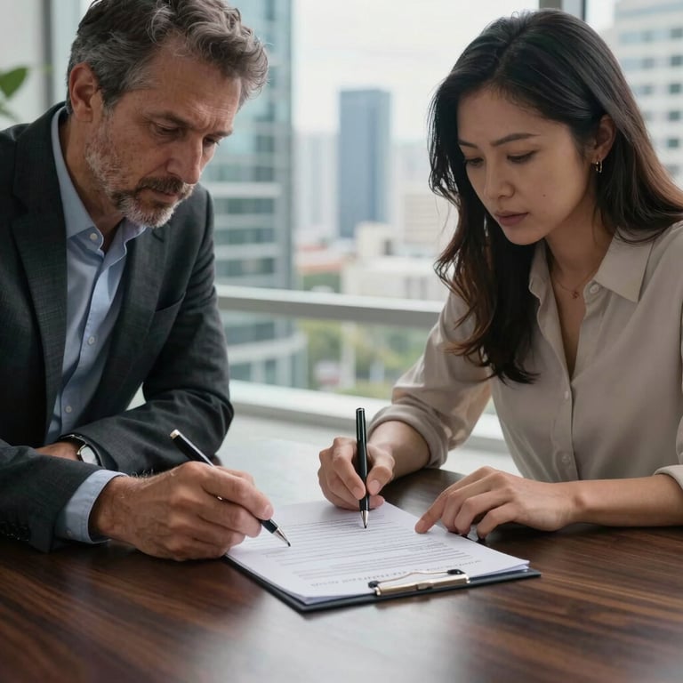 Two professionals reviewing a property contract on a dark wood table with a blurred background of a modern cityscape.