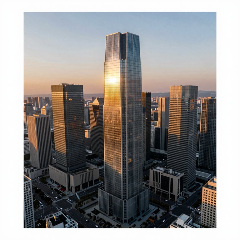 An aerial view of a metropolitan business district at sunset, with golden sunlight reflecting off the glass facades of modern skyscrapers.