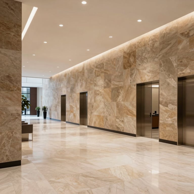 A sleek, modern commercial lobby with crisp porcelain floors and warm slate walls, exuding a sense of established trust.