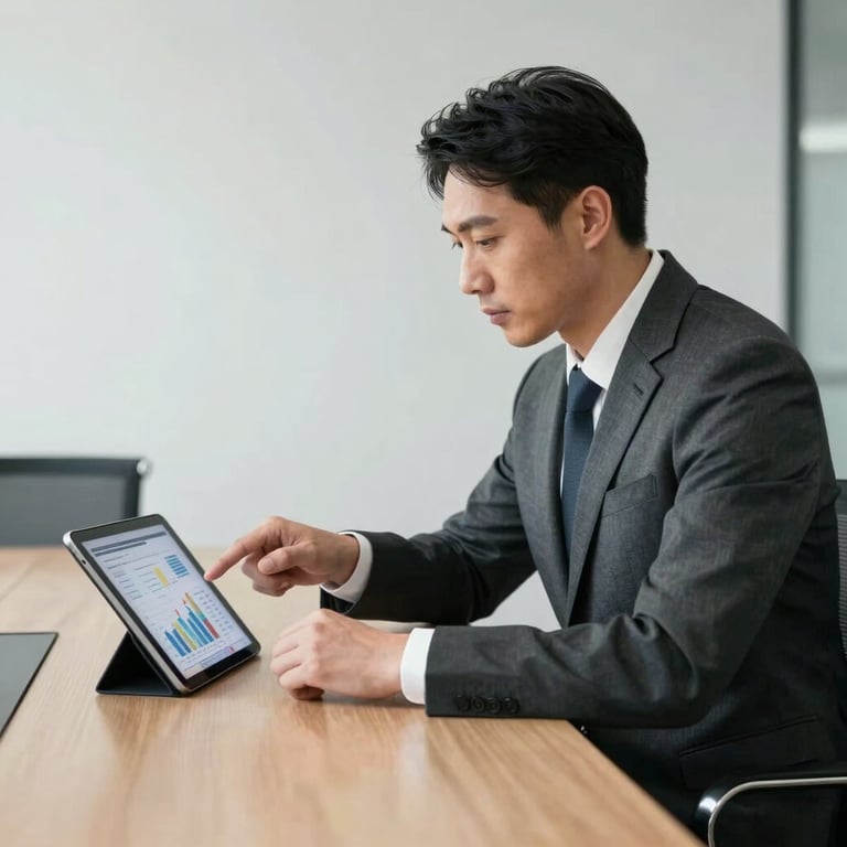 A professional consultant in a sharp charcoal suit pointing at a data chart on a tablet screen in a bright, porcelain-toned boardroom.