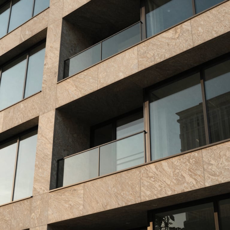 Abstract architectural detail of a luxury building facade showing clean lines, glass, and warm slate textures.