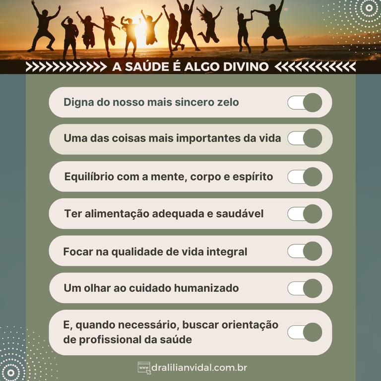 Um pôster com 7 dicas sobre saúde, e no topo da imagem, tem um grupo de pessoas pulando no ar