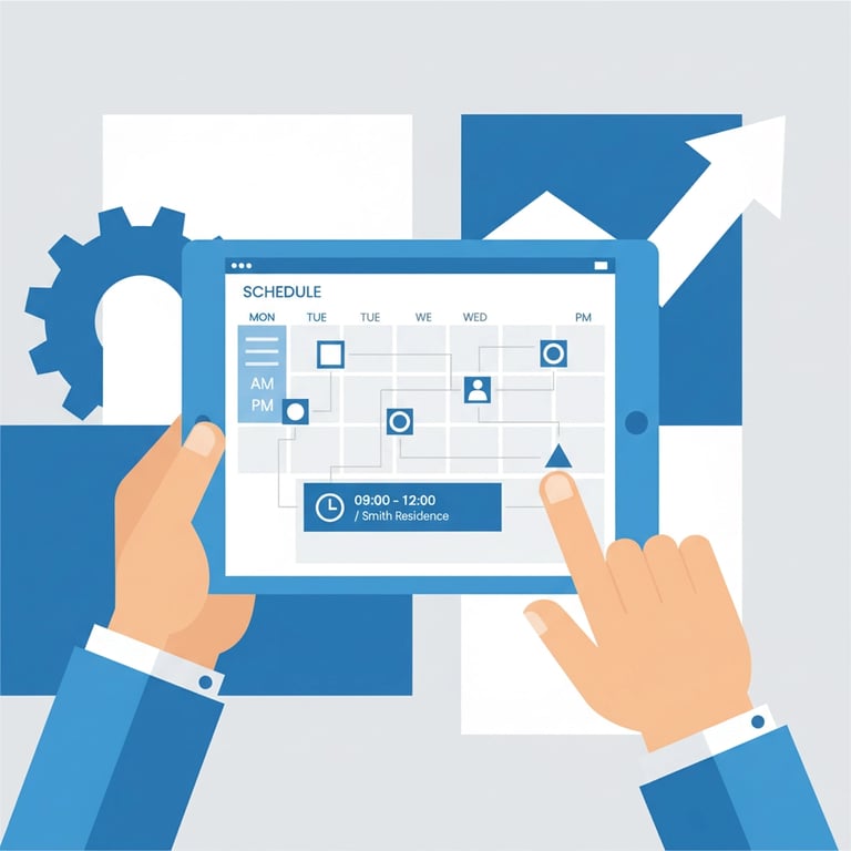 Home care manager using scheduling software on tablet to coordinate caregiver assignments