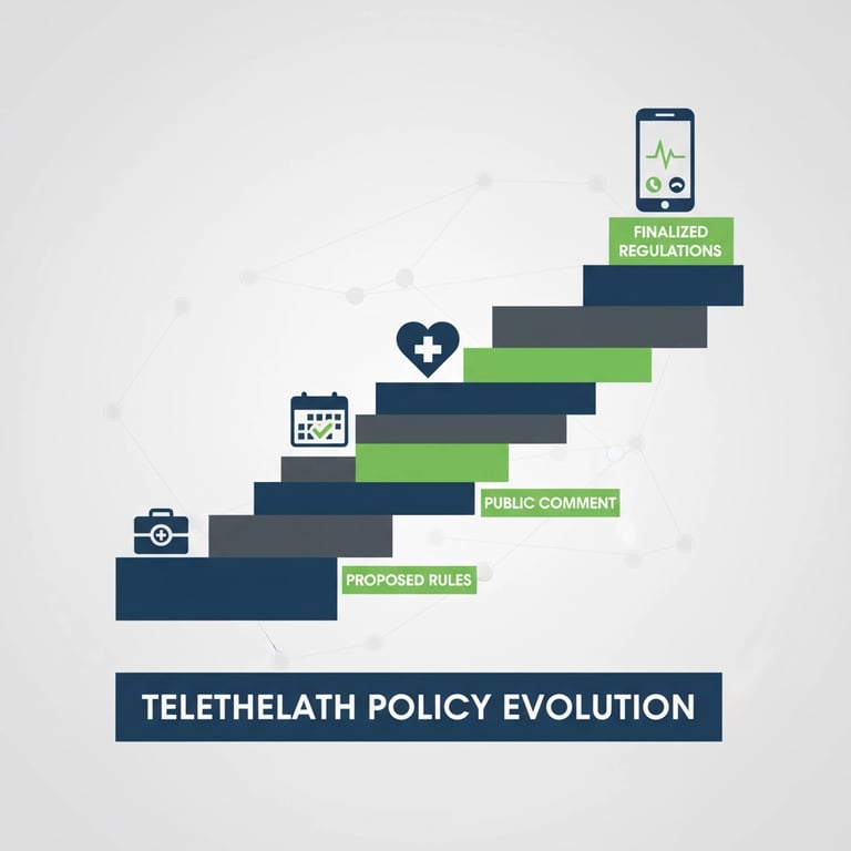 Healthcare policy timeline showing regulatory changes and telehealth adoption trends from 2019-2025