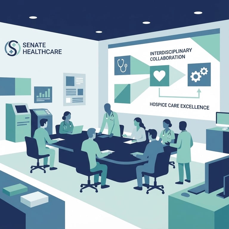 Interdisciplinary team meeting in hospice setting with care coordination technology visible